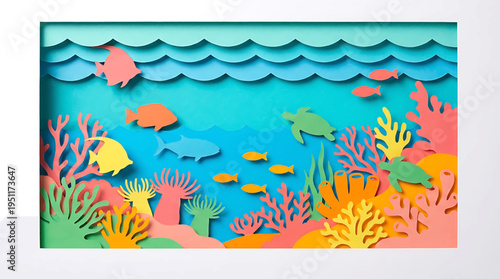 Papercut ocean scene. Vibrant coral reefs, diverse tropical fish, and a sea turtle populate a lively underwater world, created with layered paper art