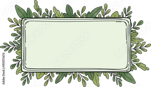 Simple corner accents composed of bright green stylized leaves provide a fresh, organic visual boundary on a clean white canvas.