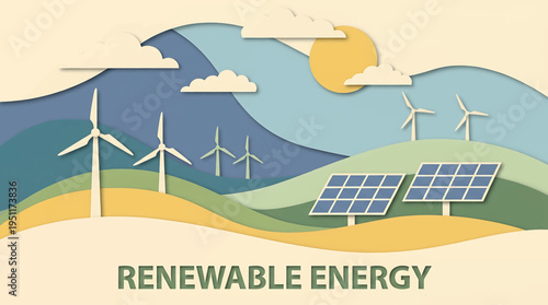 Papercut style illustration depicting renewable energy sources like wind turbines and solar panels on rolling hills under a sunny sky