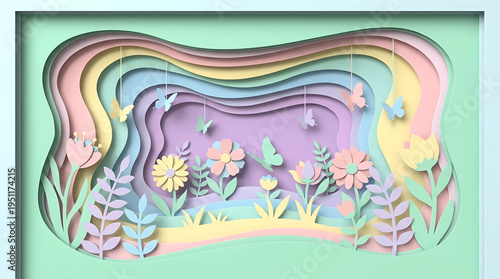 Charming spring garden scene crafted in a beautiful layered papercut style, featuring blooming flowers, delicate butterflies, and vibrant pastel colors creating a whimsical 3D illustration