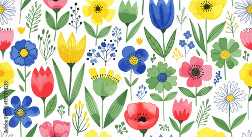 A seamless floral design filled with lively blossoms and delicate leafy accents