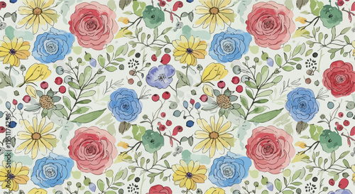 A playful mix of blossoms and foliage creating a lively decorative design