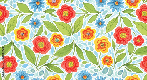A seamless arrangement of flowers and leaves forming a joyful and balanced pattern