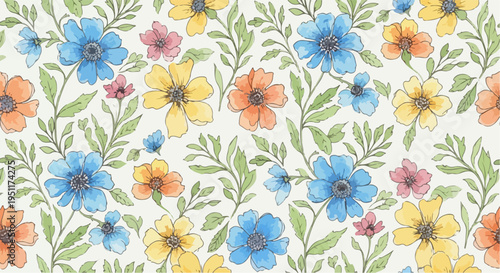 A lively botanical illustration featuring colorful flowers and flowing foliage