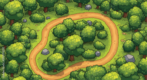 Top-down view of a winding dirt path through a lush green forest with various trees and grey rocks, cartoon vector illustration