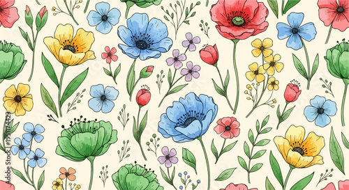 A lively arrangement of flowers and leaves forming a decorative repeating motif