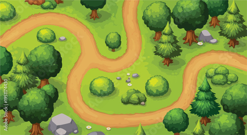 Top-down view of a winding dirt path through a vibrant green forest with various trees, bushes, and rocks, ideal for game backgrounds or nature-themed designs