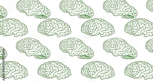 Seamless Pattern of Green Brain Illustrations on White Background
