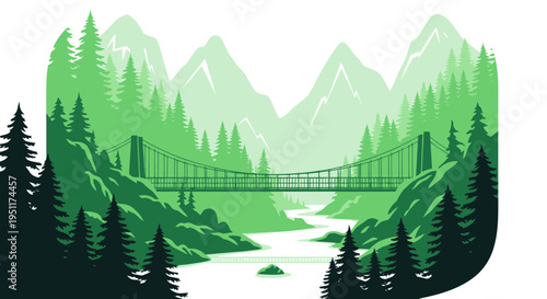 Suspension bridge over river in green mountain forest landscape