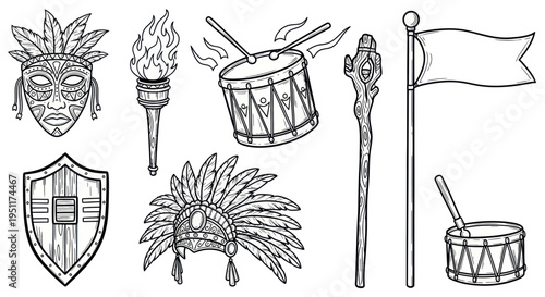 Tribal Symbols, Mask, Drum, Torch, Flag, Headdress, Shield, Staff