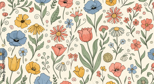 A harmonious blend of floral elements creating a lively and decorative seamless design