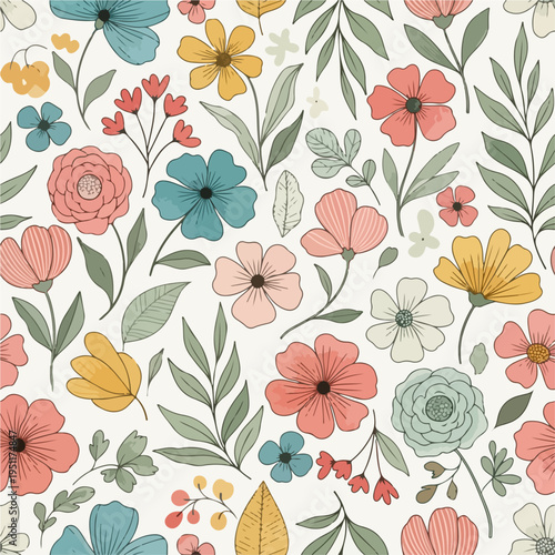 A seamless garden-inspired pattern showcasing blooming flowers in a lively and balanced arrangement