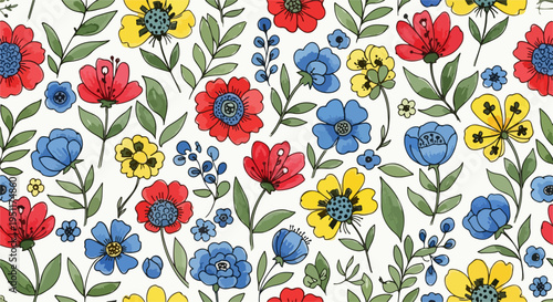 Colorful flowers and leafy accents forming a vibrant and cohesive repeating decorative pattern