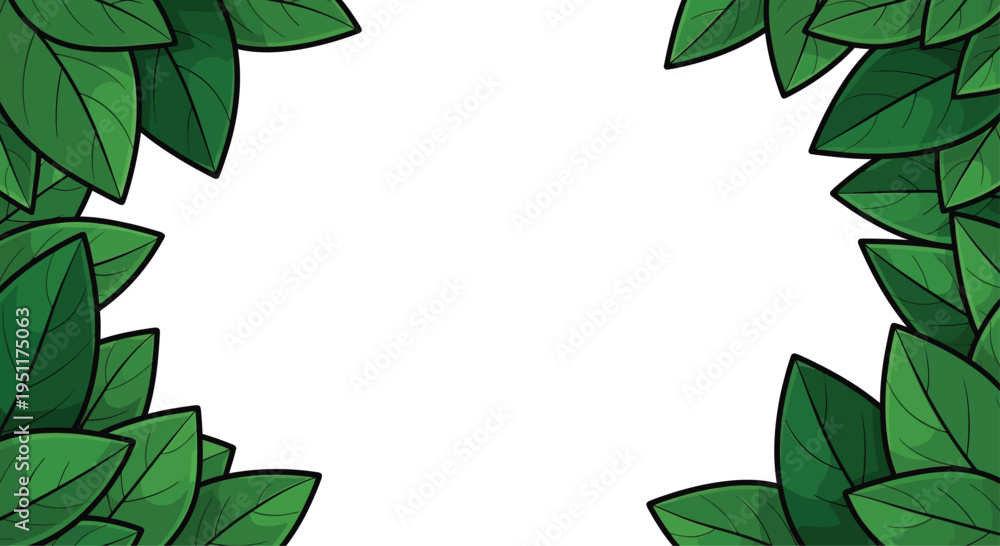 Fototapeta premium Two corners feature dark green tropical leaves framing a central white area perfect for product placement or text insertion.