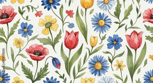 Bright and lively floral artwork blending warm oranges, soft blues, and greens in a cheerful repeating layout