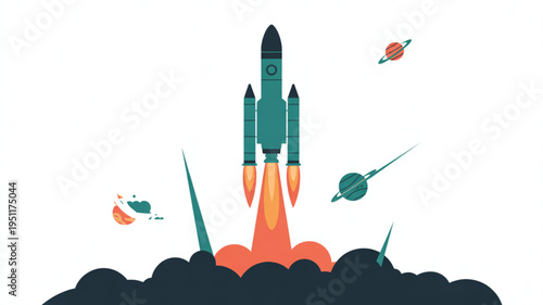 Rocket launch with planets and stars flat vector illustration for space exploration and technology concepts isolated on white background