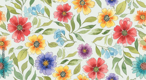 Colorful garden illustration featuring abstract florals arranged in a balanced and visually soothing design