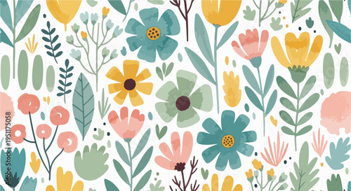 A joyful composition of blooming flowers and leafy stems creating a seamless and lively decorative pattern