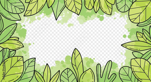 Dense illustration of hand drawn green foliage creates a natural rectangular frame around a transparent area for layered composition.