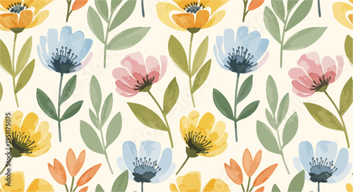 Whimsical floral arrangement with hand-painted blossoms and delicate foliage dancing across a light background