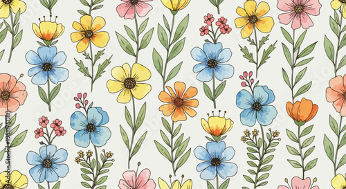 A cheerful garden tapestry of blooming flowers and soft leaves in harmonious pastel springtime colors