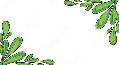 Abstract green liquid splashes form decorative corner accents on a white background providing elegant visual framing for a message.