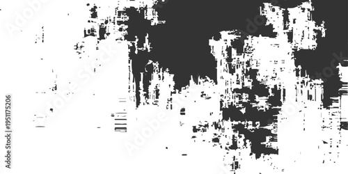 Abstract black and white glitch texture background with distressed grungy noise and geometric digital pixelated artifacts