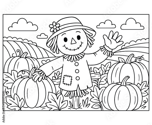 Friendly scarecrow waving in pumpkin patch field under cloudy sky vector coloring book art