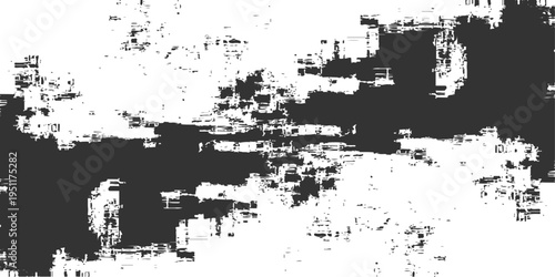 Abstract black and white glitch texture background with distressed grungy noise and geometric digital pixelated artifacts