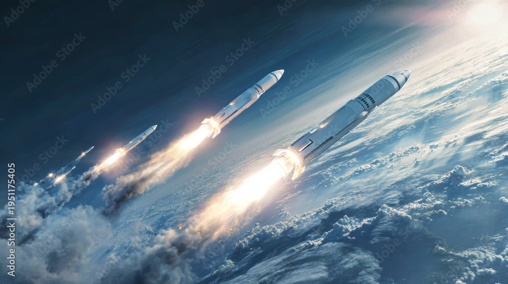 Fototapeta premium Missiles launch into the sky in a dramatic aerial battle scene above Earth. Clouds surround the combat zone, capturing the intensity of military action and technology