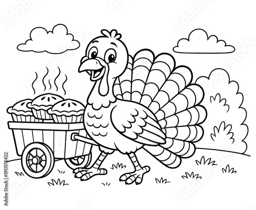 Happy turkey with delicious pies line art coloring book for kids and adults