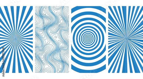 Collection of blue and white optical illusion patterns and designs on white background