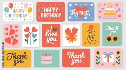 Collection of cheerful greeting cards featuring birthday love and thank you messages with playful illustrations and typography perfect for digital and print design