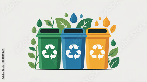 Set of three colorful recycling bins with green leaves and water drops flat vector illustration for environmental awareness and waste management concepts