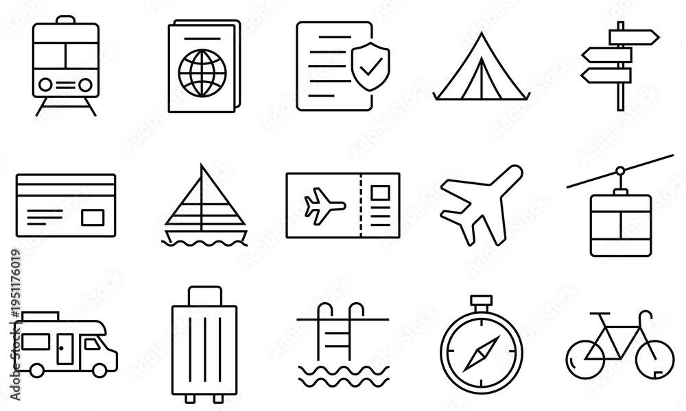 Fototapeta premium Travel icon set. Travel and Tourism vector icons pack, flat and outline tourism icons. Containing plane, tourism, passport, navigation, holiday, suitcase, trip, ticket and more. Vector illustration.