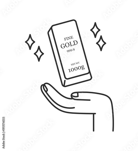 手のひらの上にきらめくゴールドバーのイラスト　線画のみ