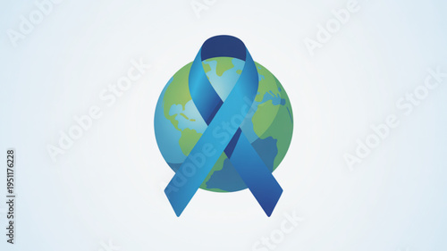 Blue awareness ribbon wrapped around a stylized globe symbolizing global health awareness and support for causes like prostate cancer or diabetes vector illustration