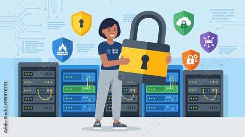 A woman protects servers with a large padlock and security icons around her.