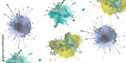 abstract watercolor paint splashes set with ink droplets and splatters on white background