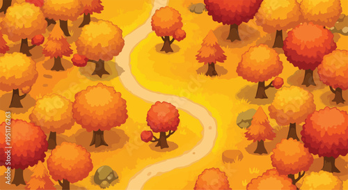 Autumn forest landscape vector illustration with winding path and colorful fall trees, ideal for seasonal backgrounds, game assets, or nature-themed designs