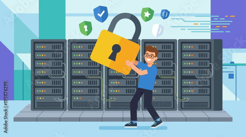 Man securing servers with large padlock in data center room