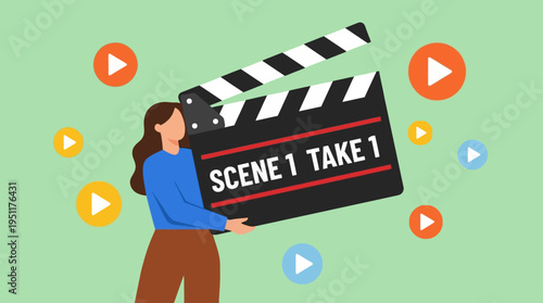 A woman holds a cinema clapperboard in a colorful play button environment.