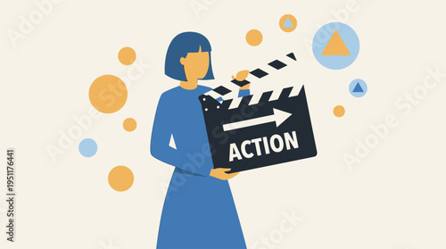 A woman holding a clapperboard surrounded by floating shapes in a modern office