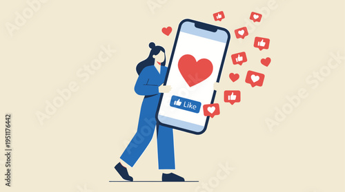 Woman interacting with large smartphone displaying heart icon surrounded by likes