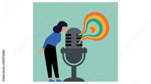 A woman speaks into a large microphone with colorful sound waves emanating.