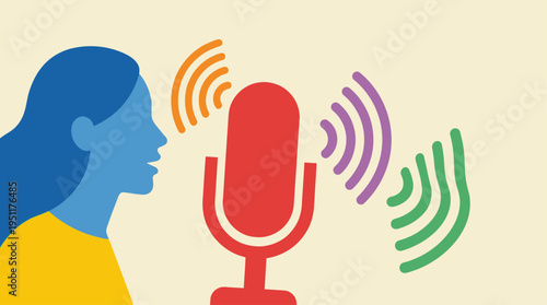 A woman speaks into a microphone with colorful sound waves emanating.