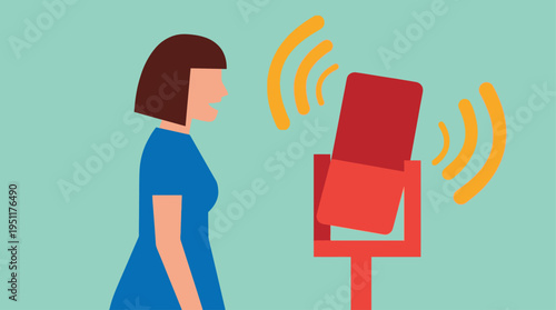 Woman talks into a microphone in a studio with sound waves.