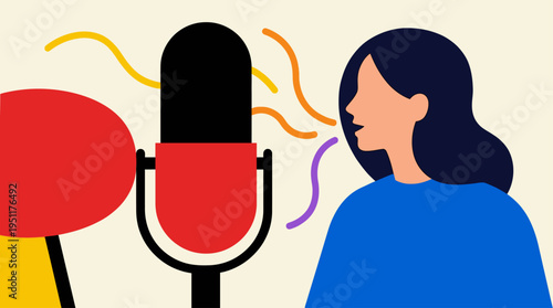 A woman speaks into a microphone with colorful sound waves emanating.