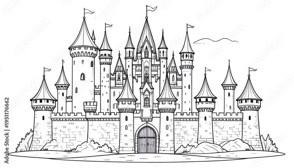 Obraz premium Royal Castle Outline – Black and White Coloring Book Illustration Vector