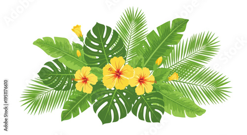Tropical Botanical Arrangement: Hibiscus Flowers and Palm Leaves